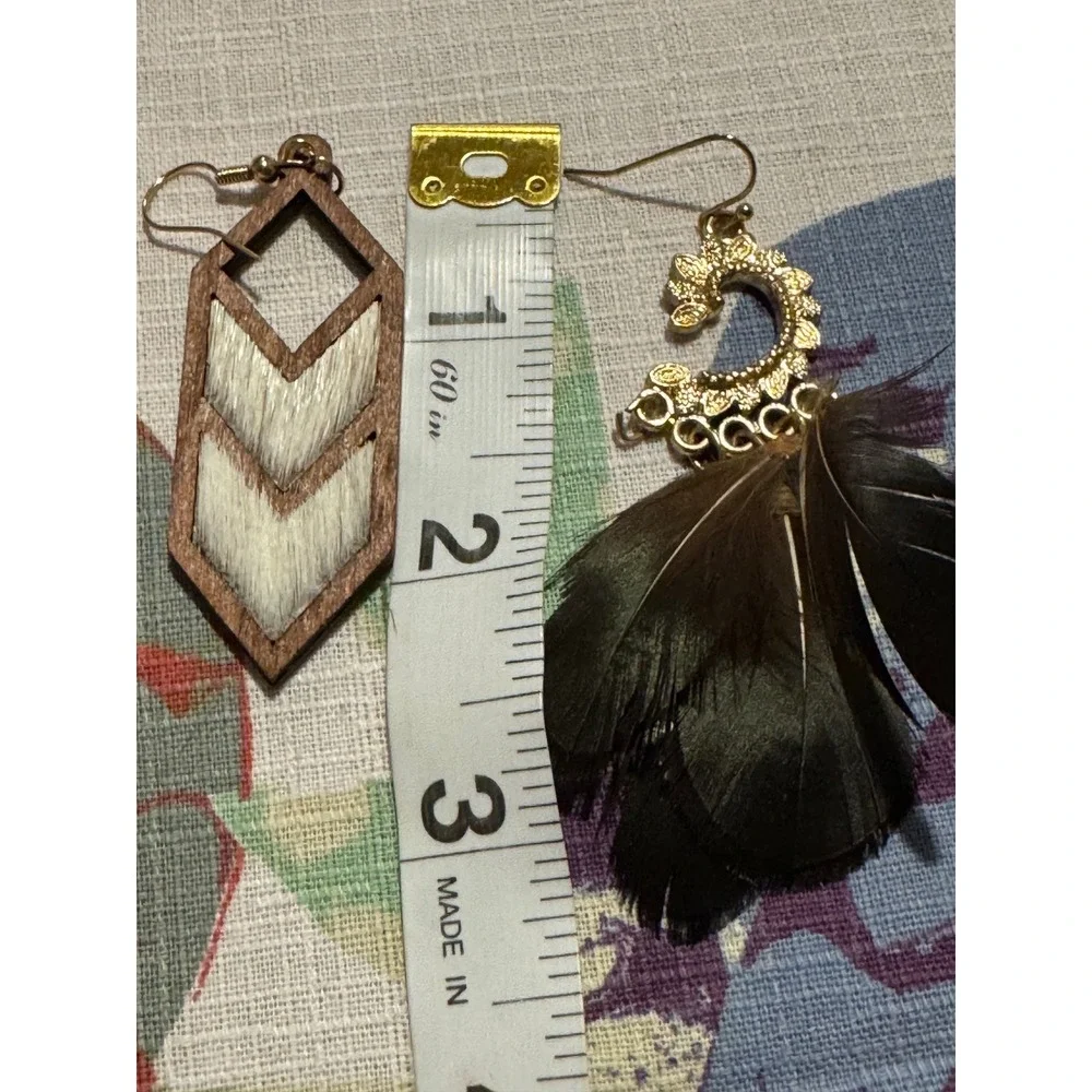 Boho Feather and Wood Hair-on-Hide Dangle Earring Set Gold Tone Brown 2 Pairs